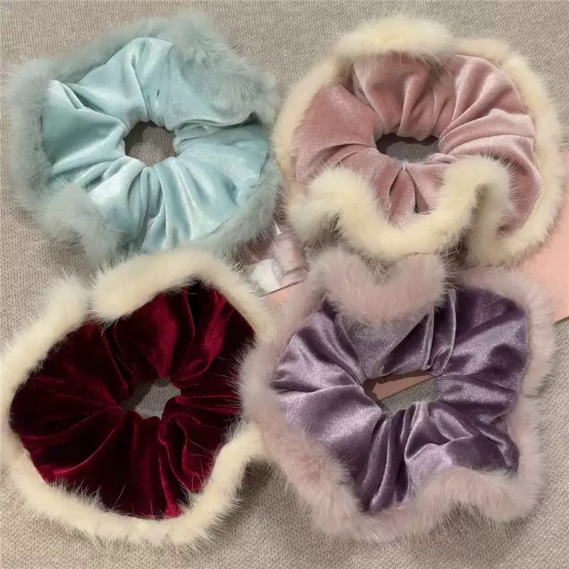 韩版秋冬新款毛绒慵懒感丝绒大肠发圈头绳发饰头花扎马尾皮筋发绳