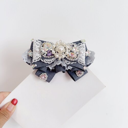 新款手工高级配色重工蕾丝织带水钻蝴蝶结弹簧夹公主儿童发饰