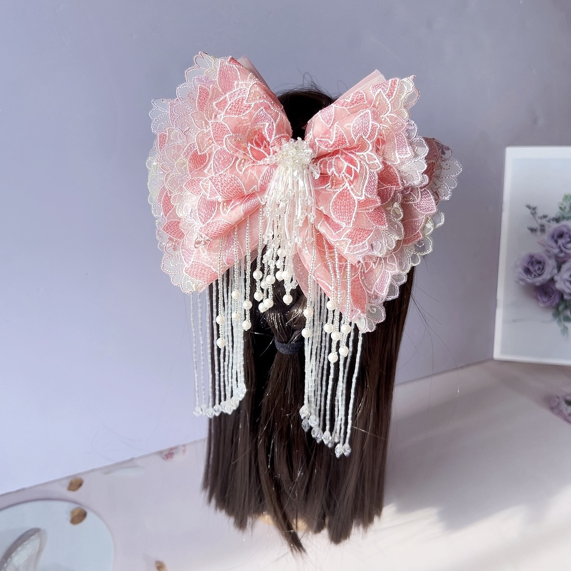 新款高级洛丽塔蕾丝刺绣花边多层蝴蝶结公主范水晶流苏弹簧夹发饰