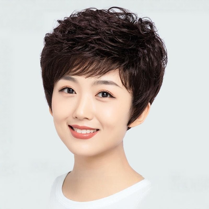 中老年假发女短发妈妈真人发丝女士卷发全头套式真发自然型假发套