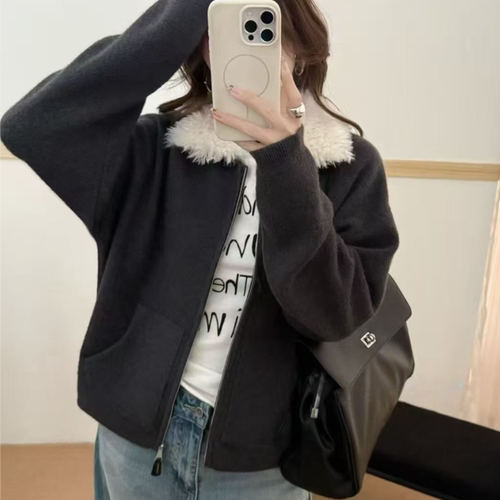 羊羔毛翻领针织开衫外套女秋冬