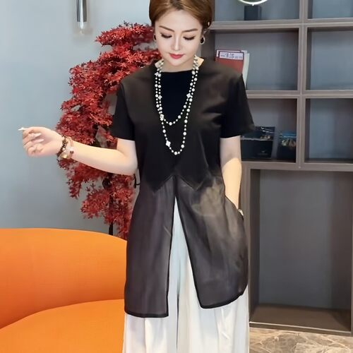 薄款网纱拼接短袖t恤女