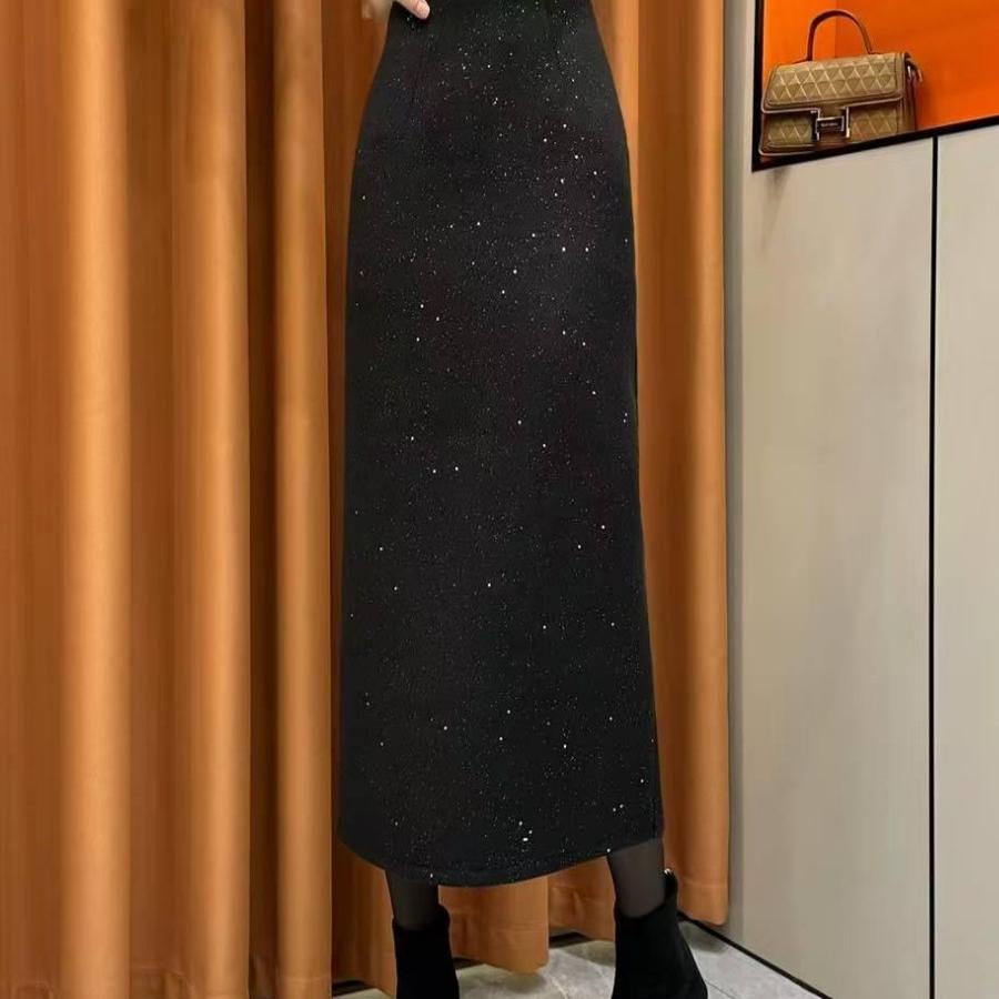 后开叉亮丝毛呢半身裙女秋冬2025新款加厚遮跨直筒中长包臀一步裙