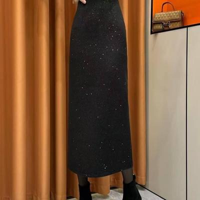 后开叉亮丝毛呢半身裙女秋冬