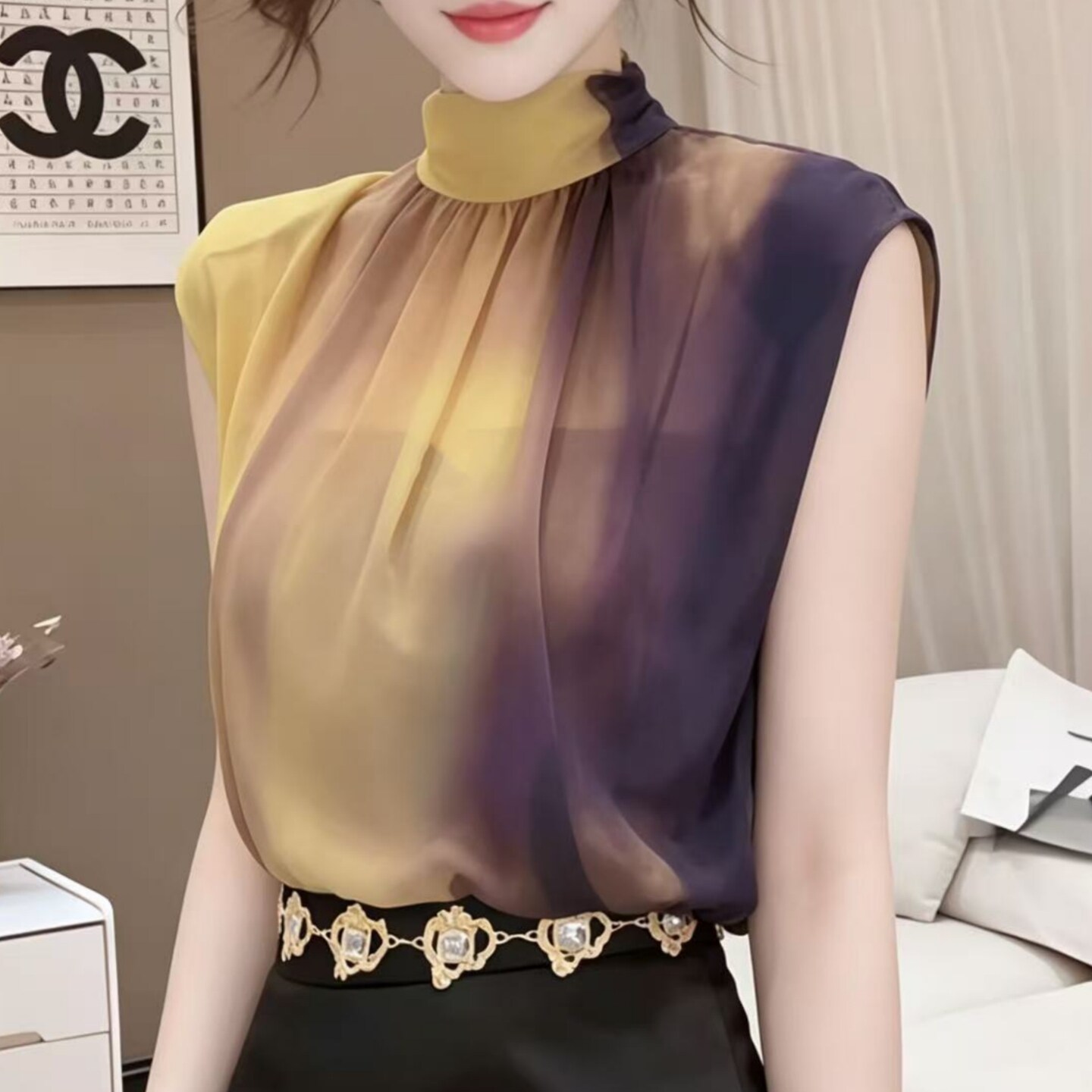 高级感系带立领无袖衬衫女夏季2026薄款时尚别致外穿雪纺扎染上衣