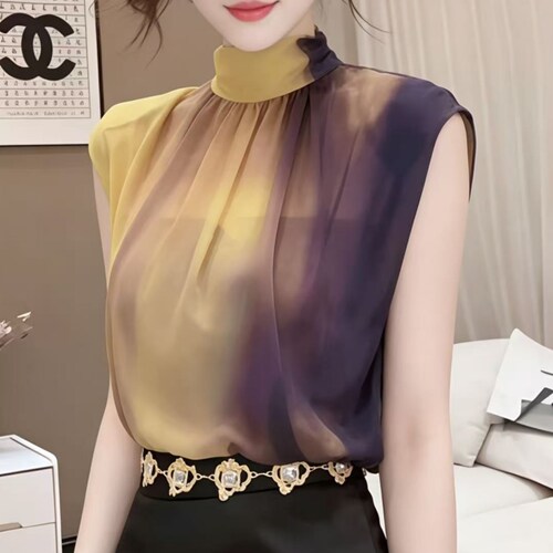 高级感系带立领无袖衬衫女夏季