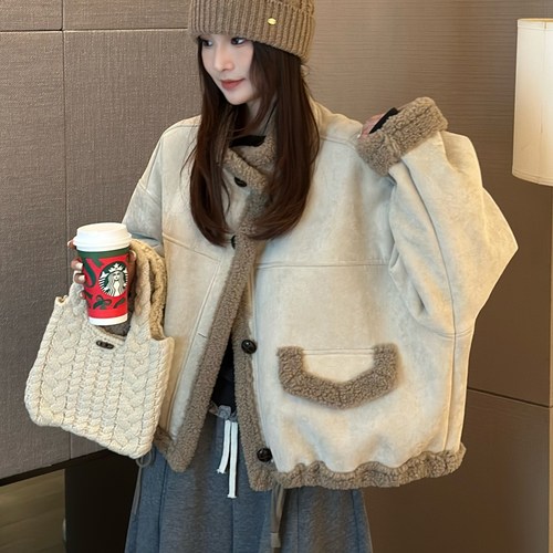 高端皮毛一体羊羔毛短外套女冬季