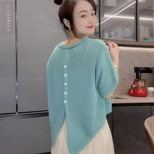 女2025新款 针织衫 慵懒风外搭独特漂亮上衣 蓝色设计感镂空短袖 夏季