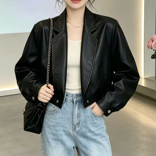 黑色短款翻领皮衣女秋季2026新款