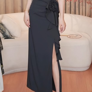 气质开叉中长包臀裙 时尚 高级感立体花朵高腰半身裙女夏季 2025新款