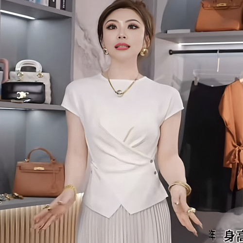 不规则前交叉冰丝针织短袖t恤女