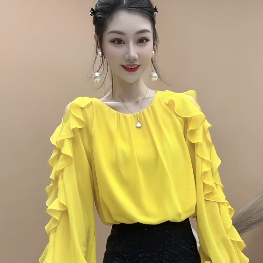 荷叶边甜美温柔百搭时尚露肩上衣