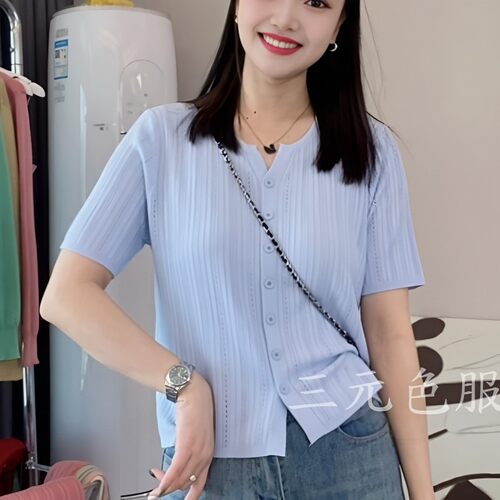 冰麻丝V领针织短袖开衫女夏