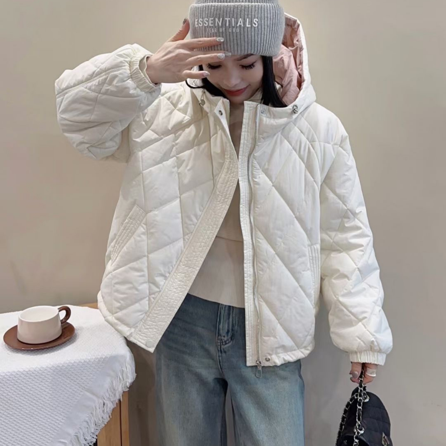菱形格连帽棉衣女夹棉外套2025