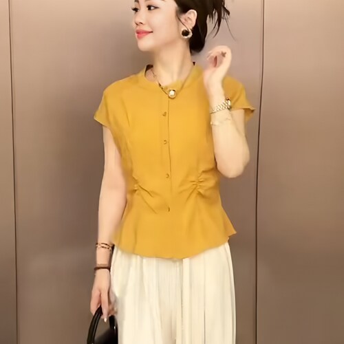 法式收腰褶皱短袖衬衫女士夏季