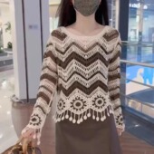 上衣女春秋季 罩衫 新款 镂空薄款 网织钩花时尚 设计感条纹流苏针织衫