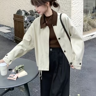 韩系撞色翻领皮衣外套女2026春季 宽松气质休闲小个子PU皮夹克 新款