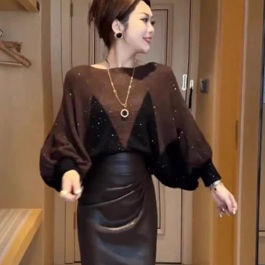 一字领长袖毛衣女春秋2025新款外穿慵懒风宽松遮肉亮片针织打底衫,女装/女士精品,毛衣,淘宝优惠券,粉丝福利购,淘宝优惠卷