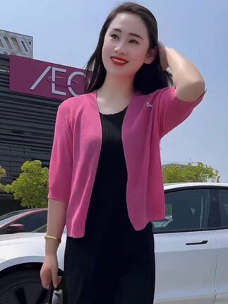 2025夏季冰丝针织开衫女中袖披肩薄款蝴蝶结外搭洋气防晒空调罩衫