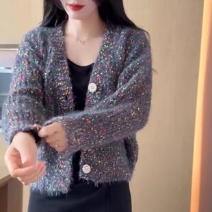 复古彩点毛衣外套女2025年秋冬新款慵懒宽松软糯花线针织v领上衣