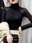 洋气网纱加绒内搭长袖 高领褶皱打底衫 女2023秋冬修身 t恤蕾丝上衣