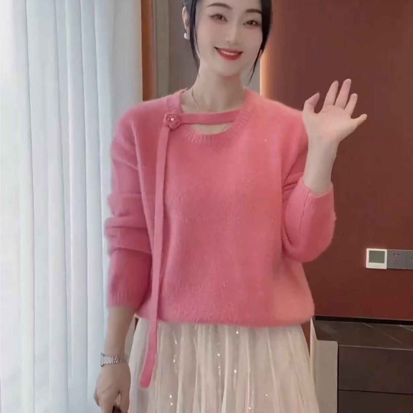 温柔风花朵飘带针织衫女秋冬新款