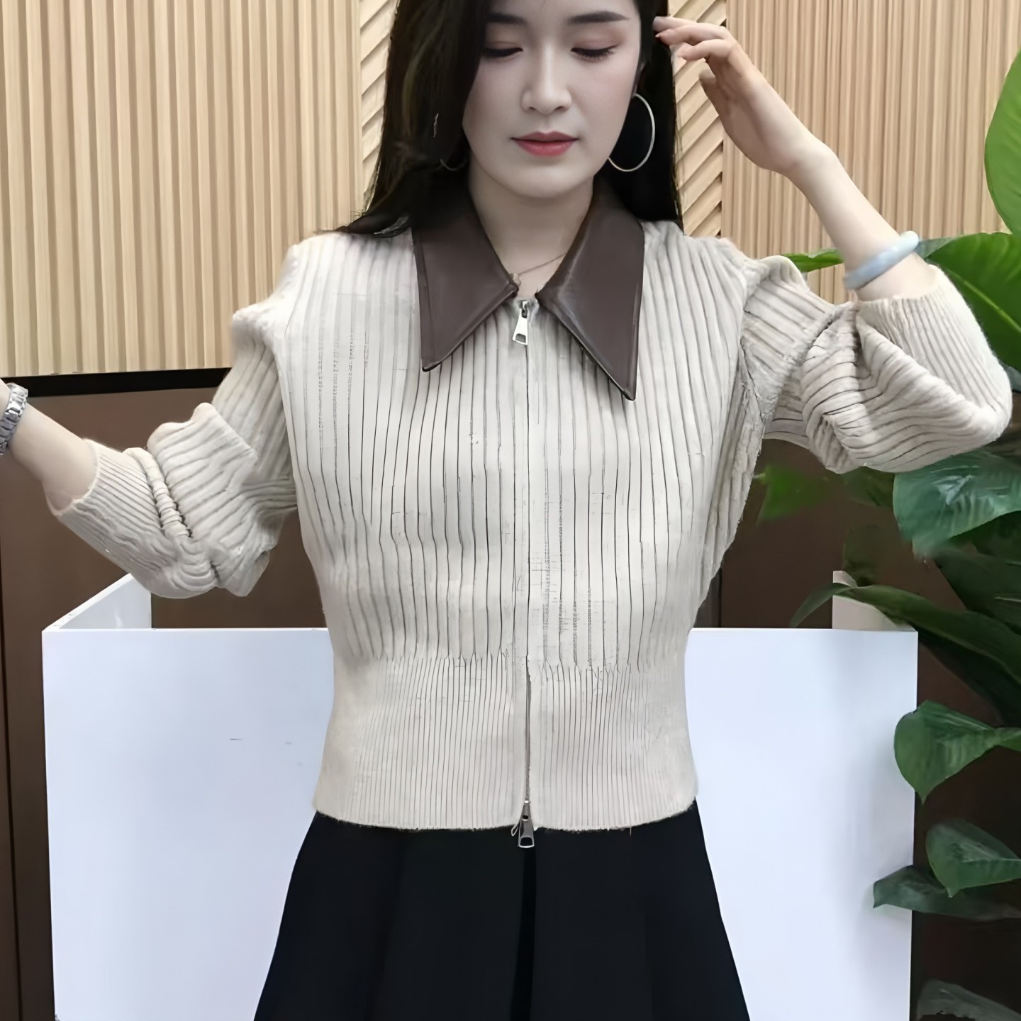 双拉链拼接针织开衫毛衣女