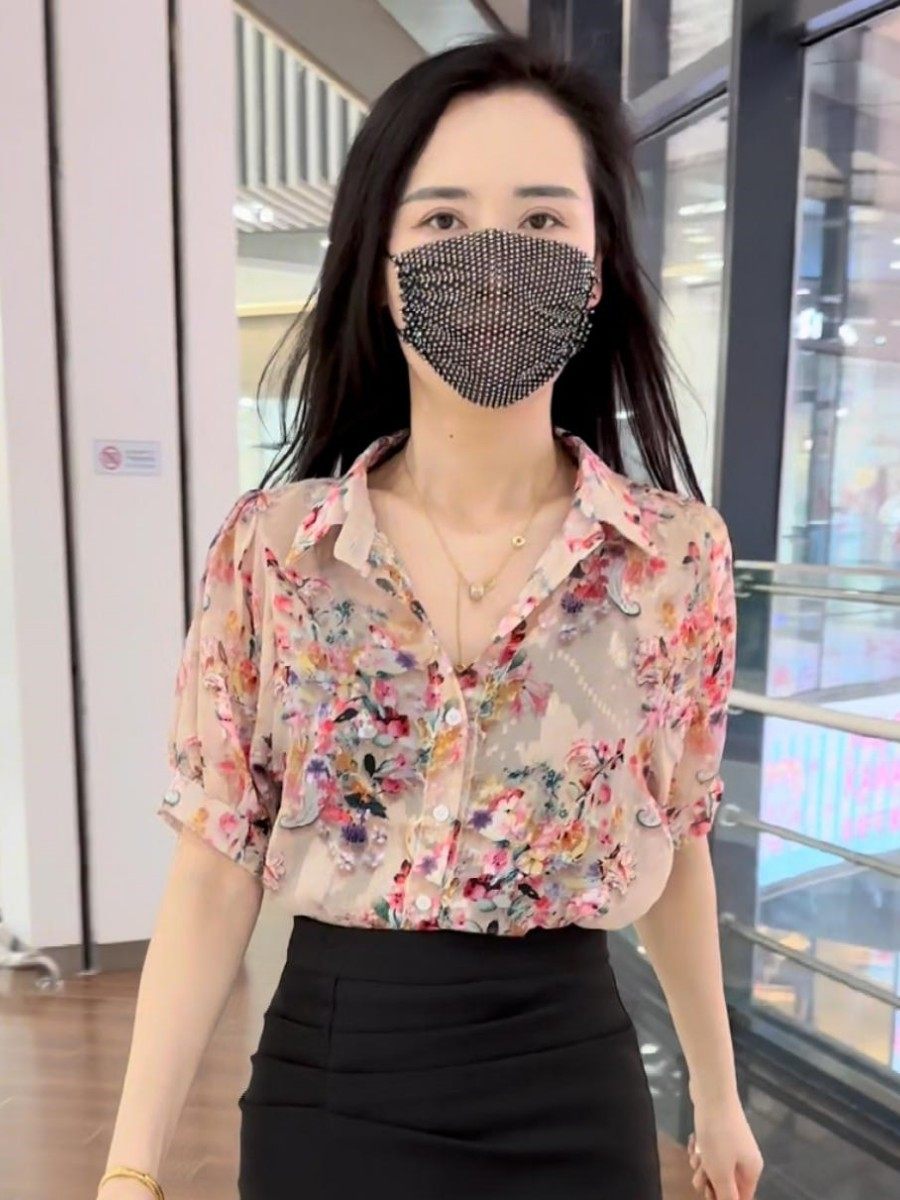 复古印花雪纺衬衫女夏季2025新款韩版宽松气质减龄短袖高级感上衣