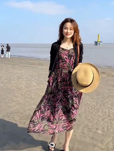 无袖 碎花系带气质连衣裙女2025夏季 高端显瘦中长款 时尚 吊带裙 新款