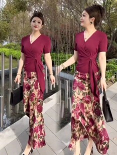 冰丝针织T恤印花鱼尾裙套装 a字碎花包臀裙 女夏新款 高腰显瘦中长款