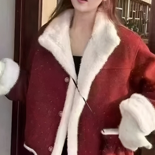 上衣 宽松氛围感羊羔毛保暖短款 圣诞红色兔毛短外套女冬季 2025新款