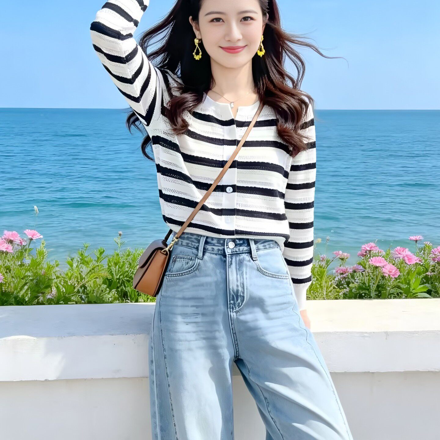 休闲条纹冰丝针织开衫女夏季图片