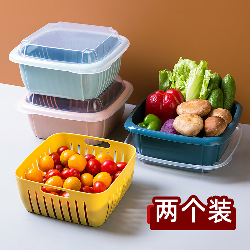 [Two loaded]Large double-deck Leach basket kitchen Plastic Refrigerator Crisper square Vegetables Fruits Basket With coverin the Tableware , Tableware , Fruit bowl/Fruit plate/Hamper  category - from Buy2taobao.com to provide professional Taobao agent buy service