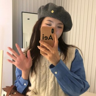 颜小姐/韩单金属B字手工羊毛贝雷帽气质金色扣羊毛灰色贝雷帽