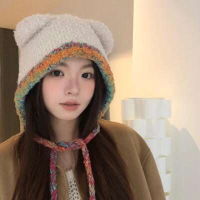 可爱小熊帽泰小熊耳朵绑带针织帽子女秋冬保暖大头围护耳毛线帽