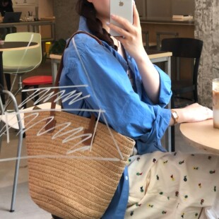 颜小姐 简约单肩草编包大容量草包编织包托特包女海边度假沙滩包