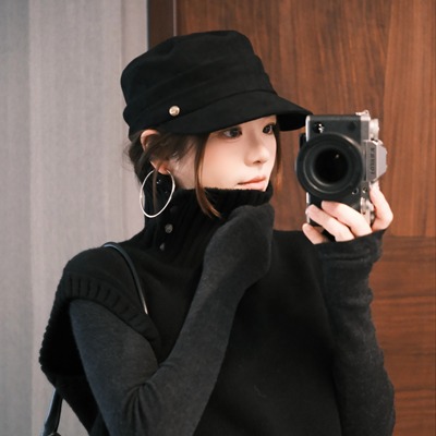 2025秋冬新款复古麂皮绒平顶马术帽百搭显脸小画家帽报童帽
