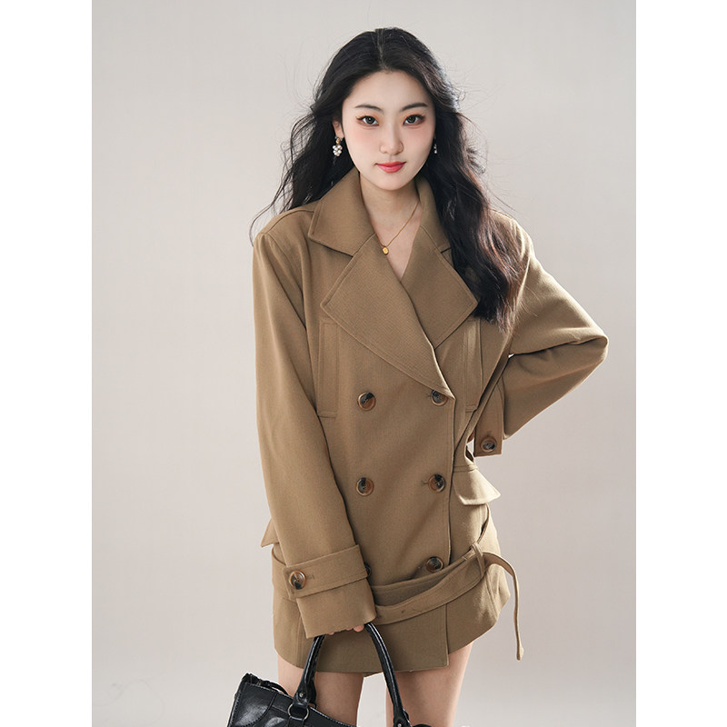 韩系复古宽松西装外套女春季2025新款高级感气质双排扣中长款风衣