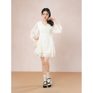 日系古着vintage蕾丝木耳花边七分袖连衣裙早秋小个子气质感短裙