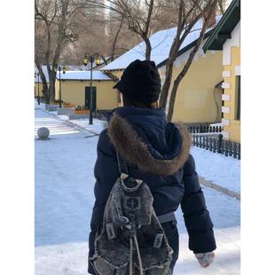 菲奥娜藏青色大毛领短款羽绒棉服女2025冬季新款高级显瘦棉衣外套