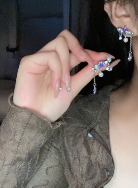甜酷风紫色海星贝壳耳钉超仙不对称流苏海洋风耳坠耳环耳夹无耳洞