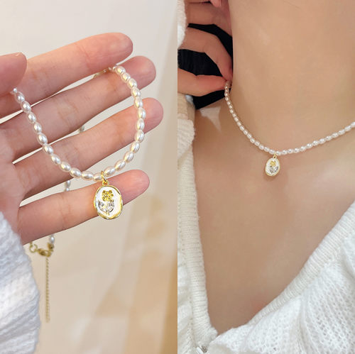 复古超仙玫瑰花吊坠珍珠项链女