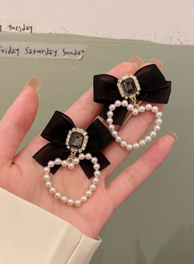 复古宫廷风耳钉蝴蝶结法式黑色ins韩国耳环无耳洞耳夹女耳饰配饰