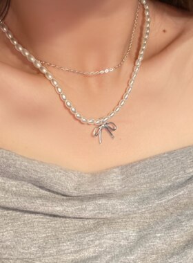 韩系博主双层珍珠项链女蝴蝶结颈链配饰高级感轻奢小米珠锁骨链