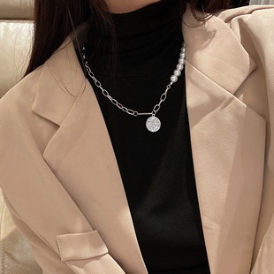 ins冷淡风小众设计拼接珍珠复古钱币吊坠个性嘻哈锁骨链项链choke