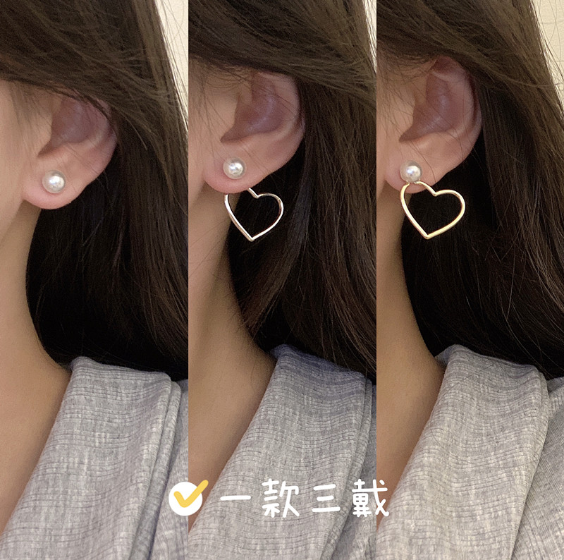 s925简约气质复古港风几何镂空爱心耳钉前后两戴耳环百搭小清新