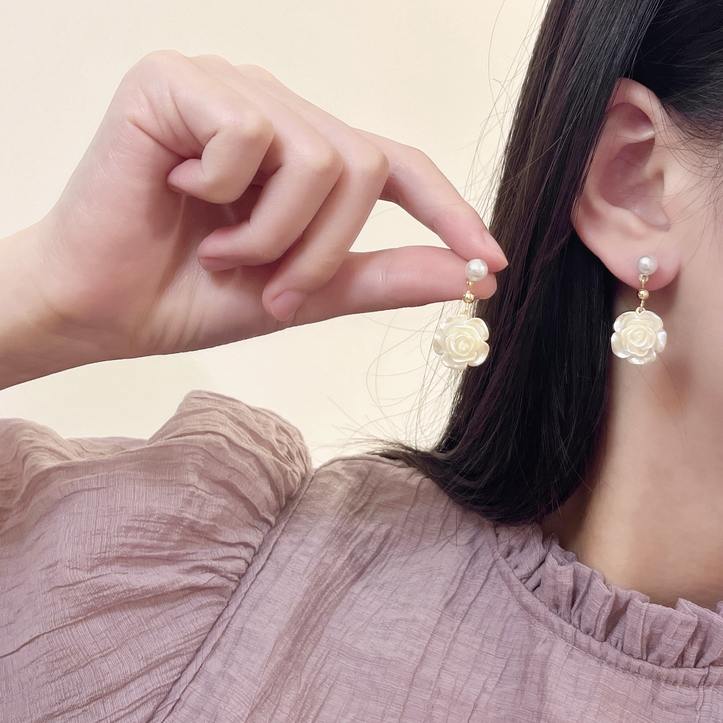山茶花珍珠耳饰小众耳钉