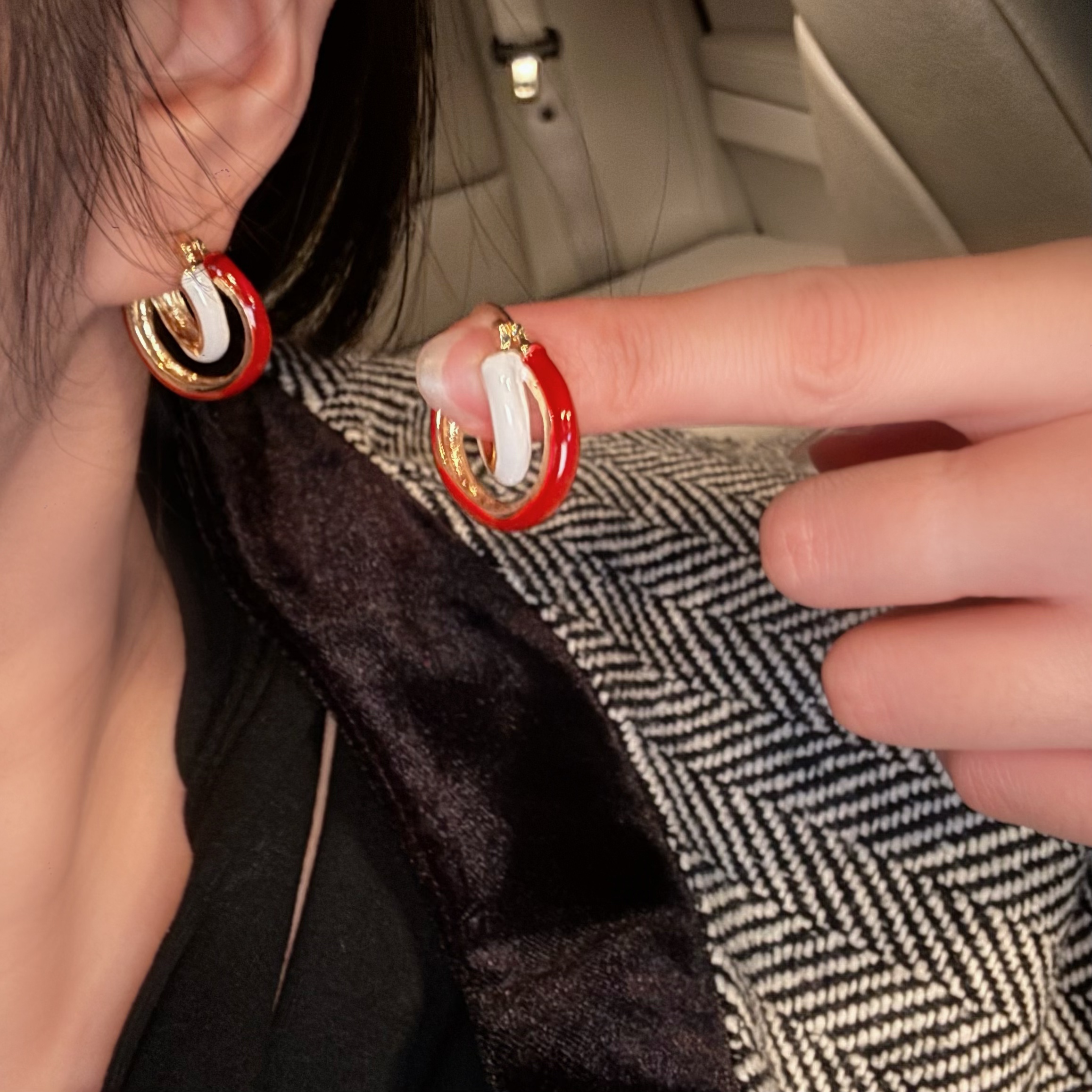 法式复古红色撞色几何圆圈耳扣小众设计气质耳环秋冬新款高级耳饰