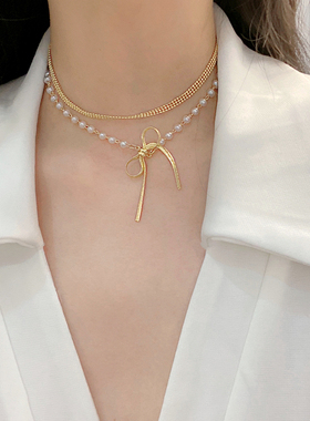 双层蝴蝶结珍珠项链女潮轻奢甜美