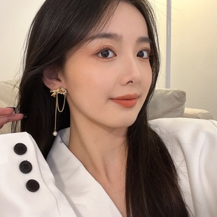 少女情怀蝴蝶结耳环长款 流苏耳坠气质韩国精致珍珠无耳洞耳夹耳坠